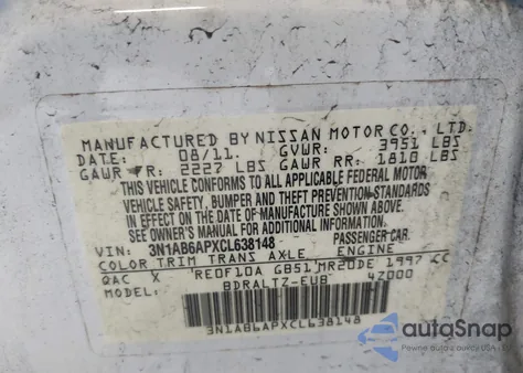 2012 Nissan Sentra 2.0 Sr from USA, damaged, VIN 3N1AB6APXCL638148